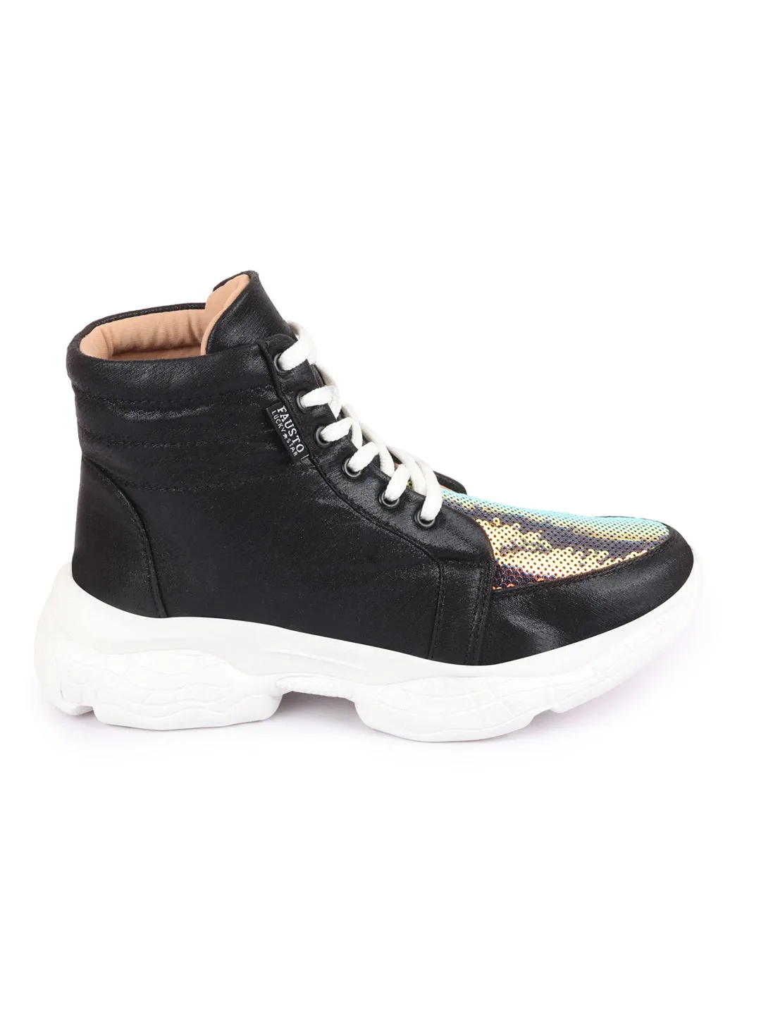 Women Black High Ankle Lace Up Embellished Sneakers