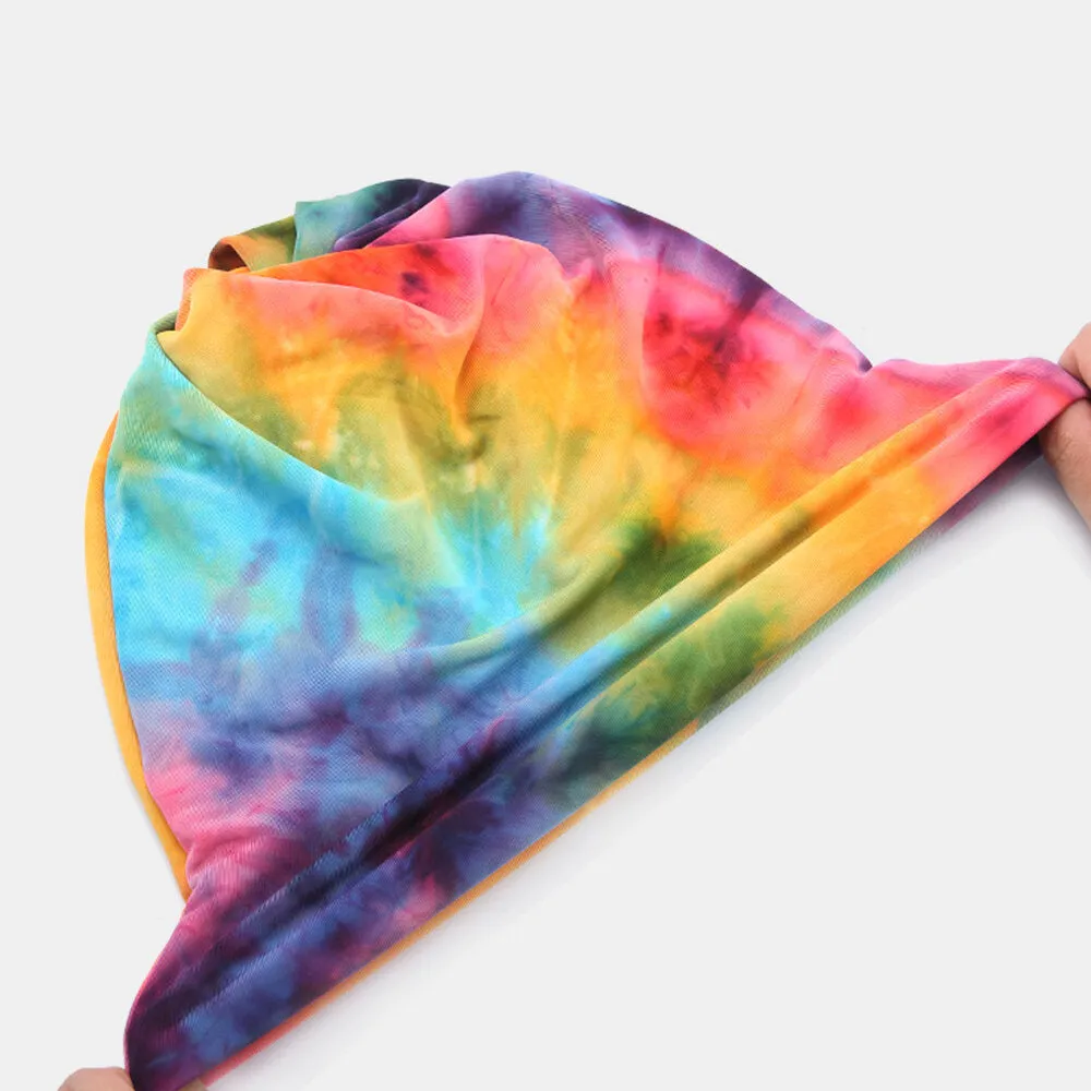 Women Cotton Dual-Use Tie-Dye Neck Protection Scarf Bib Hat Brimless Beanie