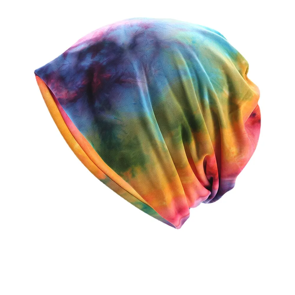 Women Cotton Dual-Use Tie-Dye Neck Protection Scarf Bib Hat Brimless Beanie