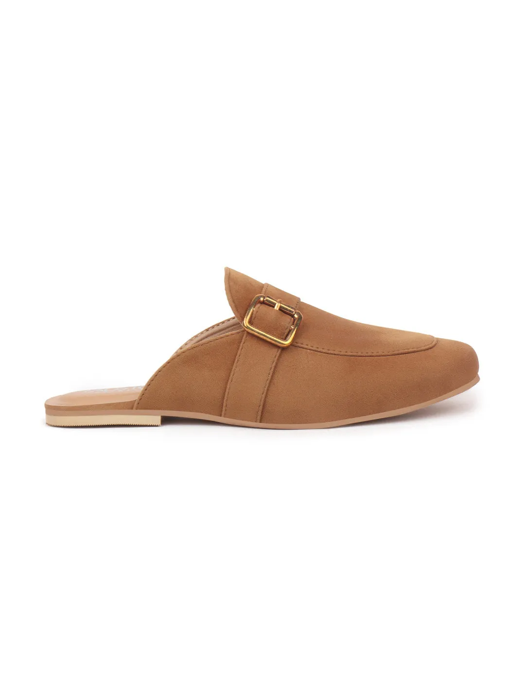 Women Tan Back Open Flat Mules with Buckle Strap