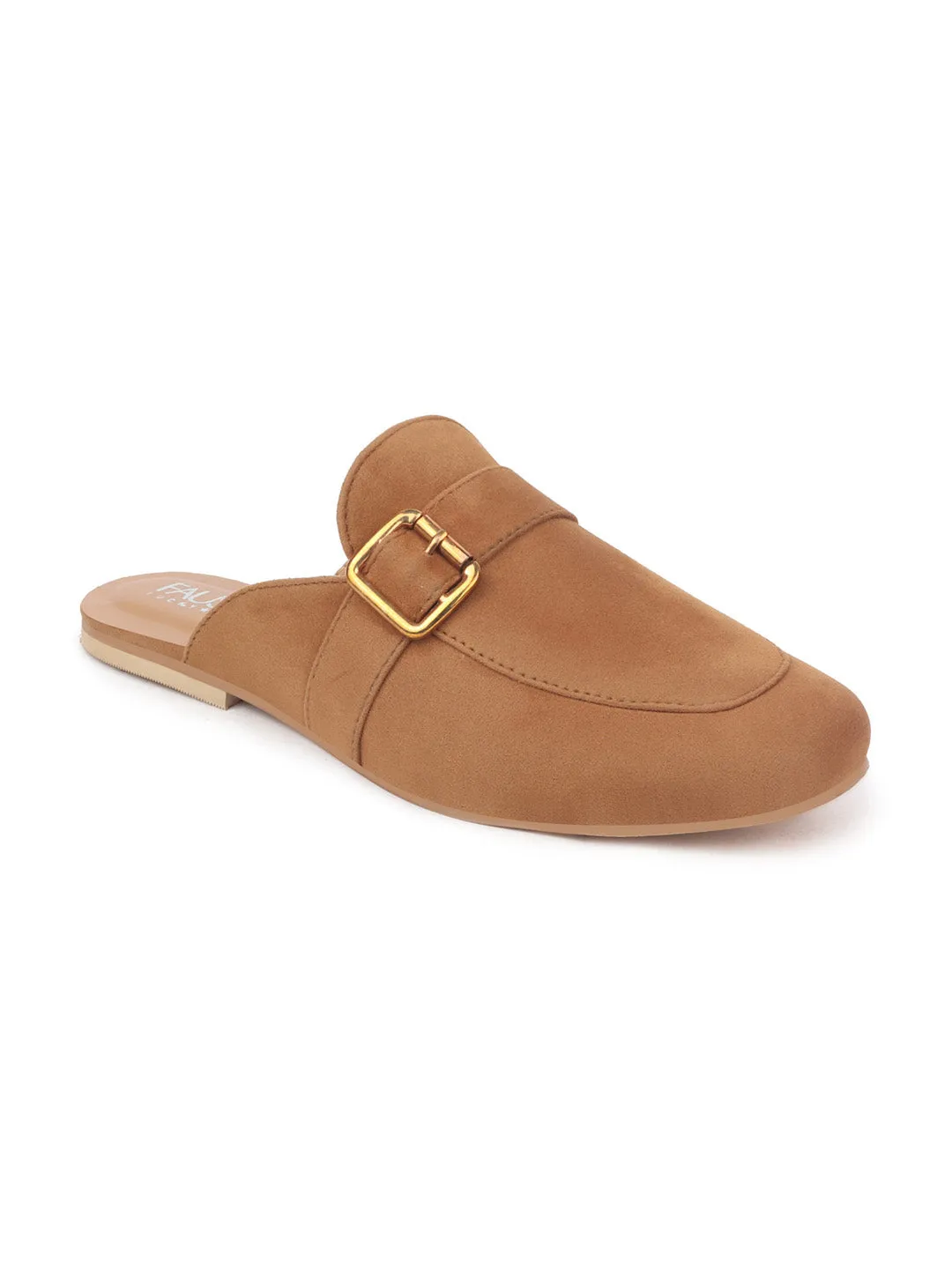 Women Tan Back Open Flat Mules with Buckle Strap