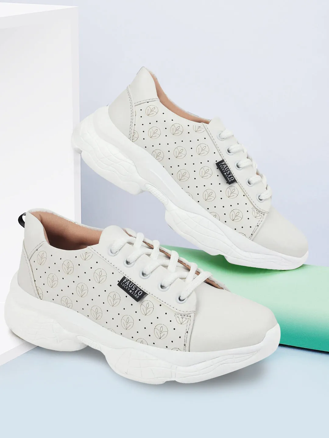 Women White Lace Up Casual Trendy Sneakers