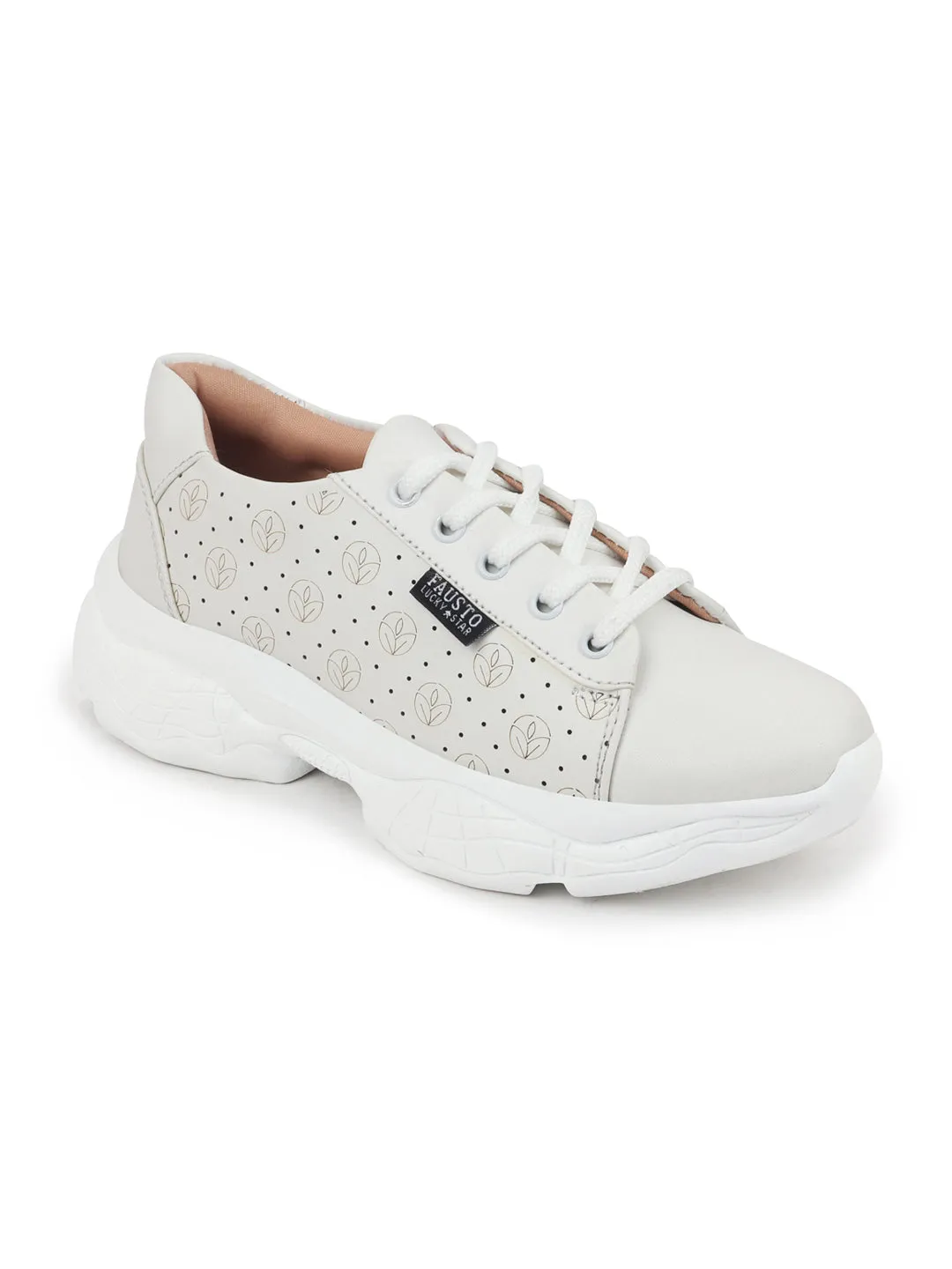 Women White Lace Up Casual Trendy Sneakers