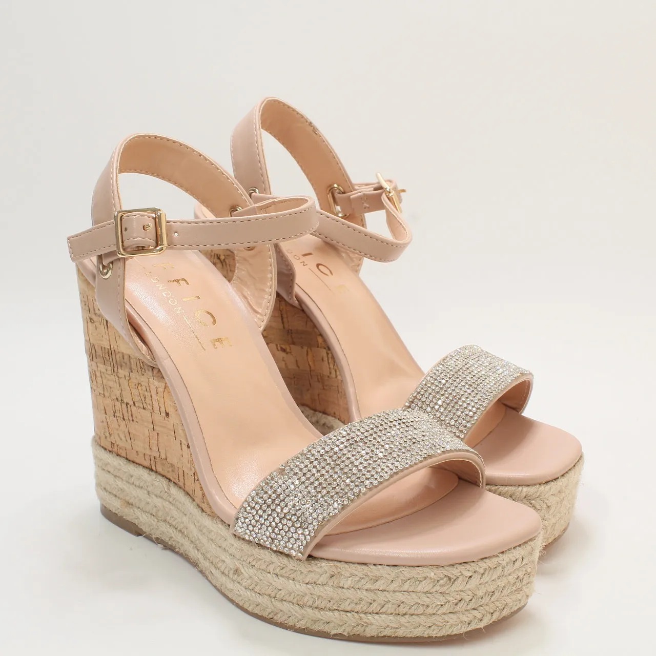 Womens Office Heated Cork Wedge Espadille Silver Embellished Uk Size 3