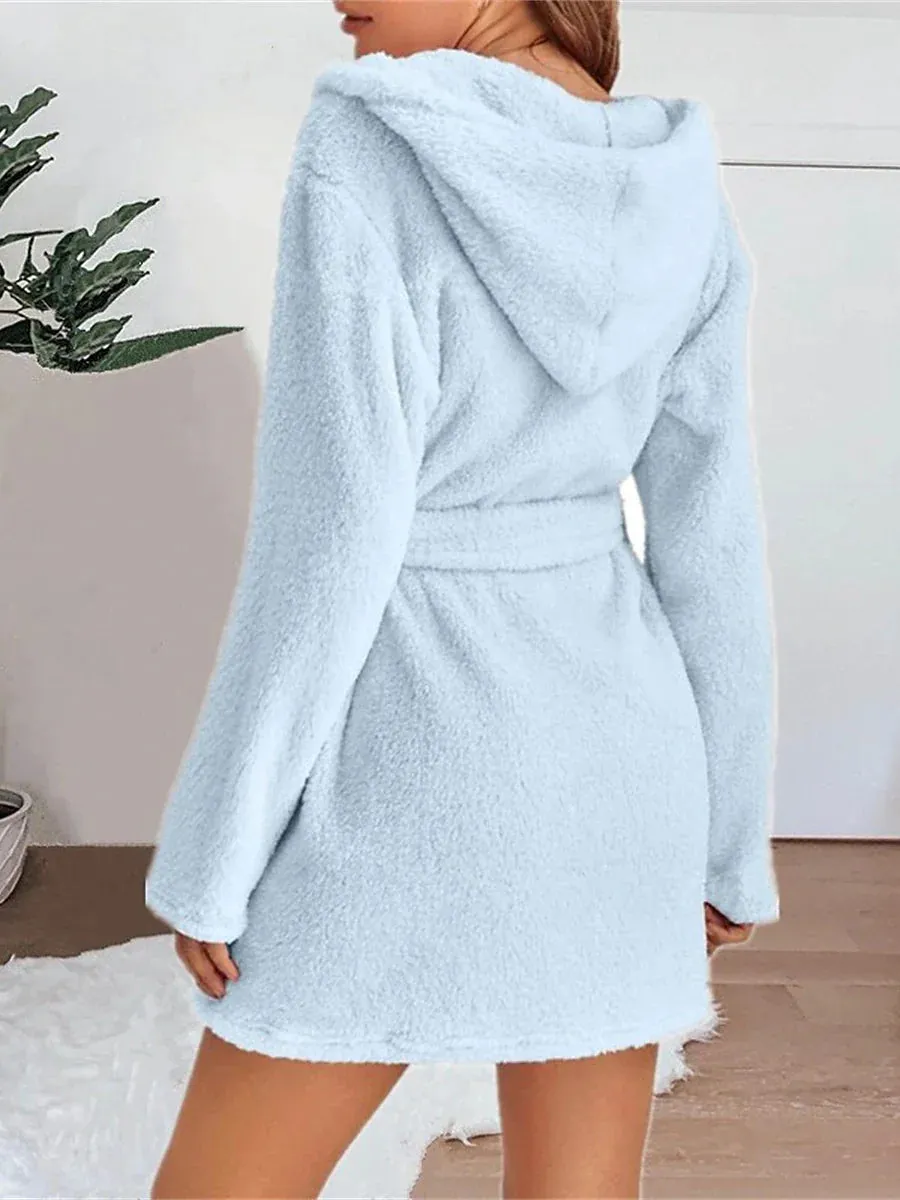 Women's Plush Coral Fleece Robe with Hoodie and Pockets