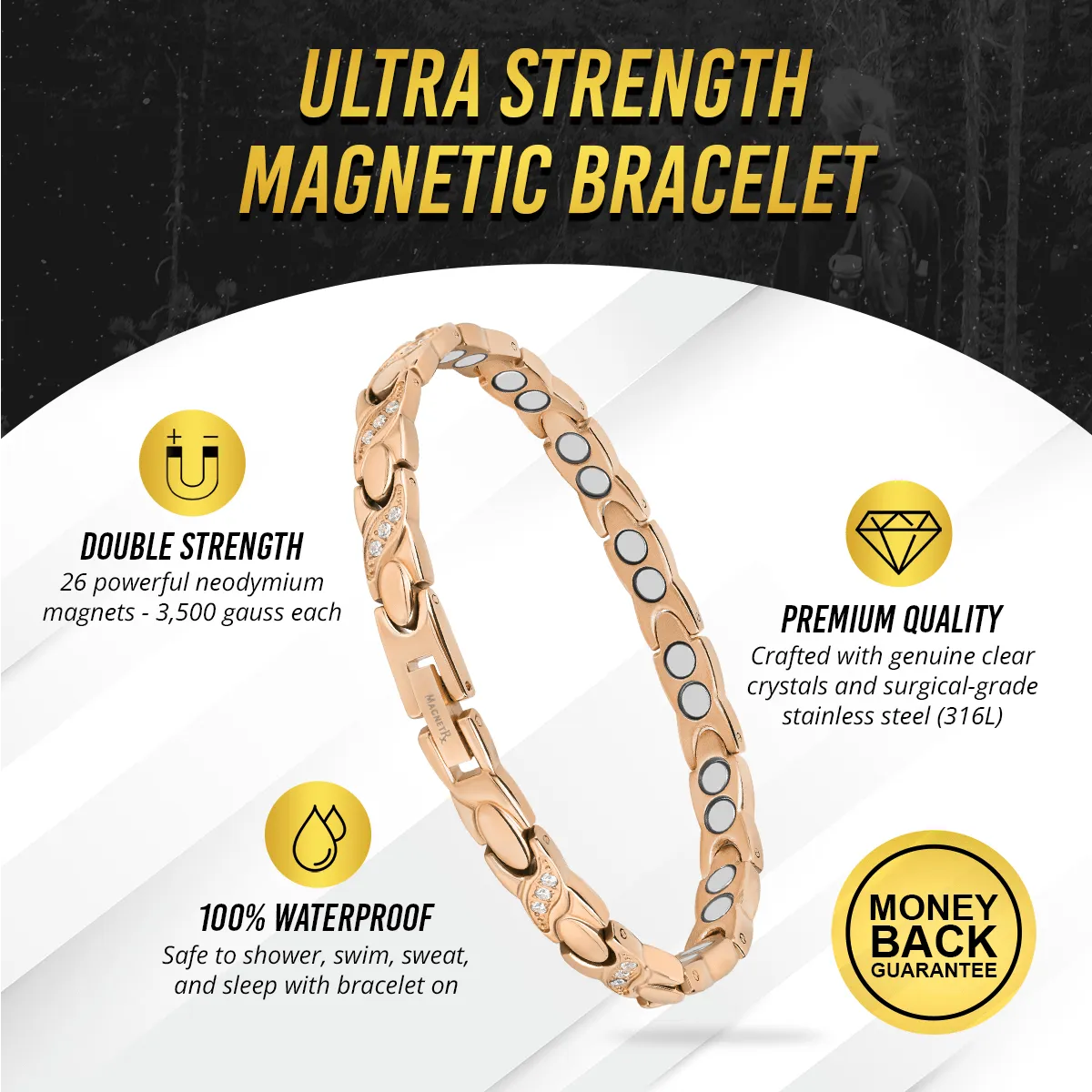 Women's Ultra Strength Magnetic Bracelet Crystal XO (Rose Gold)